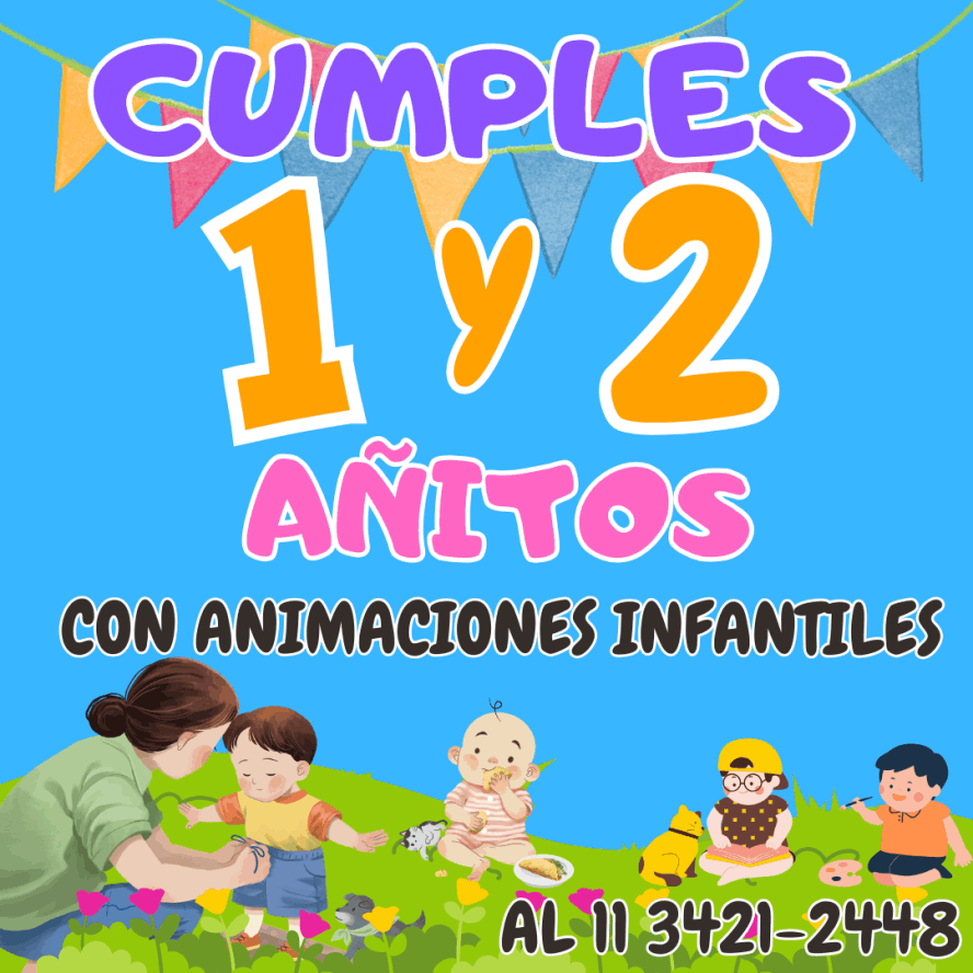Los cumpleaños de 1 y 2 años son momentos muy especiales, y con nuestras animaciones infantiles logramos integrar a mamás, papás e invitados en dinámicas participativas. A través de rondas, juegos sensoriales, canciones infantiles, aplausos, burbujas, juegos de emboque y encastre, y globos con formas divertidas, creamos un ambiente perfecto tanto para los más pequeños como para los adultos. Celebramos este hito tan importante en la vida familiar con actividades pensadas para todos. Nuestras animadoras infantiles te permitirán disfrutar del cumpleaños de tu hijo o hija mientras observas cómo crece y compartes la alegría con tus seres queridos.